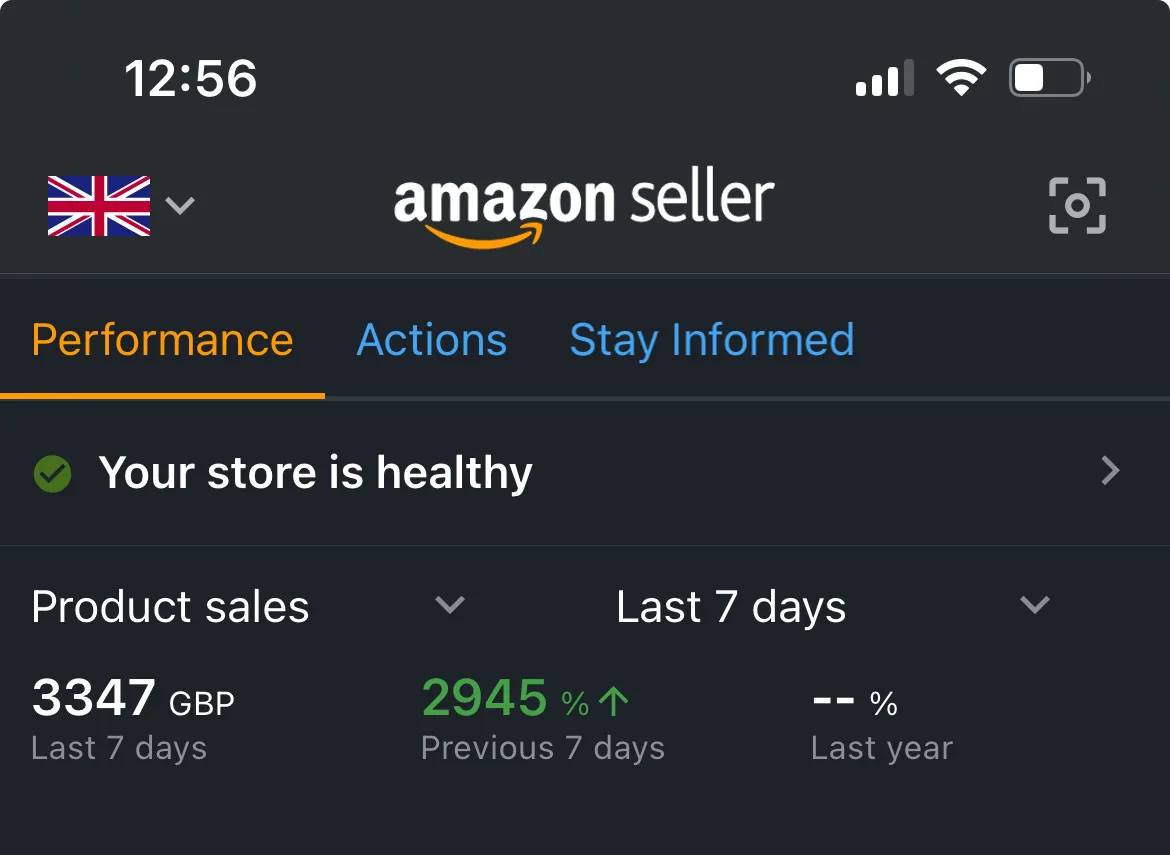 Amazon seller dashboard, 3347 GBP in the last 7 days